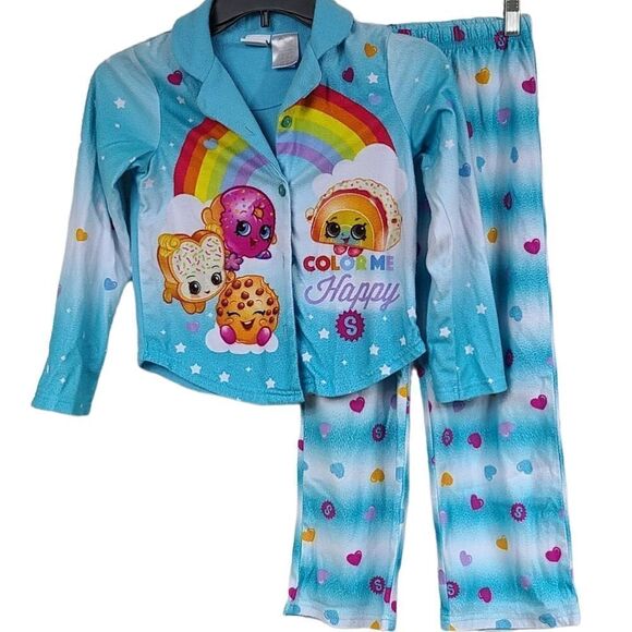 Shopkins Girls M 7/8 Blue Rainbow Color Me Happy Pajamas Two-piece PJ Sleep Set - Picture 1 of 7